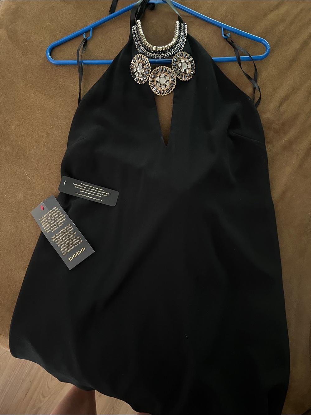 bebe Black Embellished Halter Mini Dress